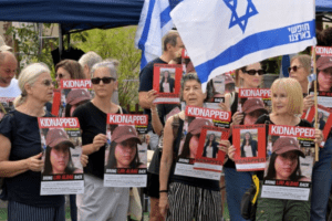 Israelis demonstrate in Tel Aviv for the release of 199 hostages held by Hamas in Gaza. Credit: UPI.com