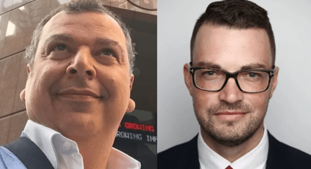 Gossip troll Andrew Hornery (left) has built a career on a foundation of bullying and defaming women at The Sydney Morning Herald. His boss, Bevan Shields (right), continues to defend him. Credit: Instagram/SMH.