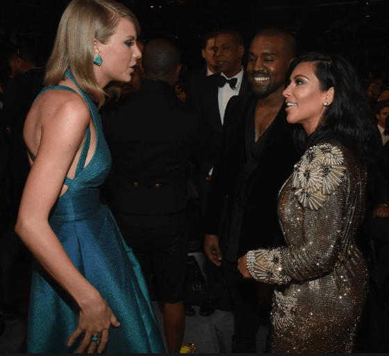 Taylor Swift, Kanye West and Kim Kardashian at the 2015 Grammy Awards in Los Angeles. Credit: Getty.