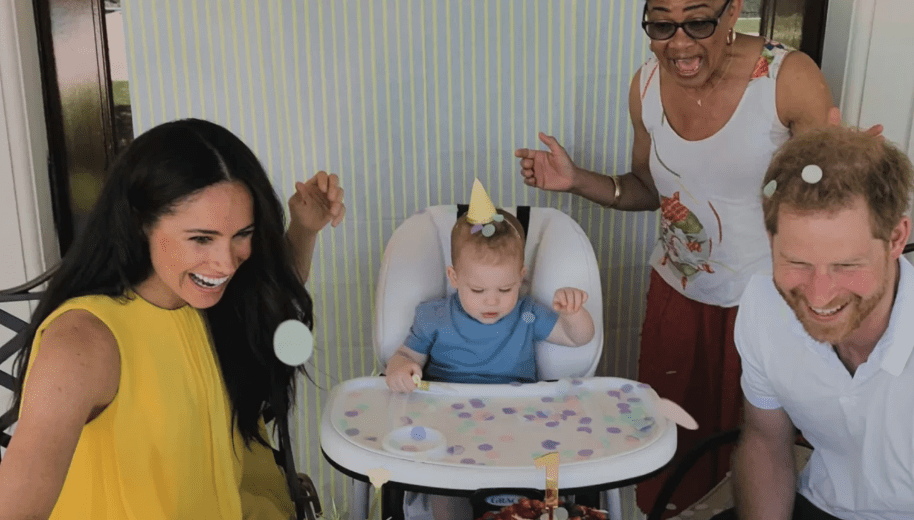 Meghan and Harry with Archie and Meghan's mum Doria Raglan. Credit: Netflix.