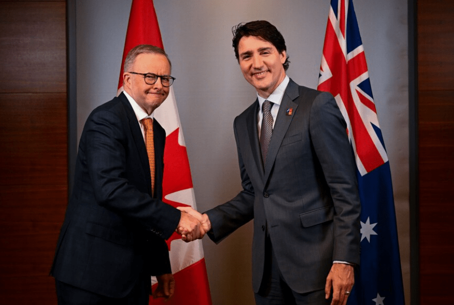 Anthony Albanese with Justin Trudeau during a bilateral meeting in Madrid CREDIT: LUKAS COCH/EPA-EFE/Shutterstock