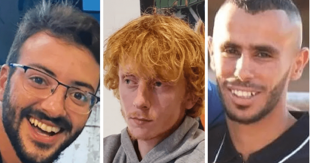 The three hostages, Alon Shamriz, Yotam Haim and Samer Talalka (L-R) were taken hostage by Hamas during an attack on October 7 before accidentally being killed in Gaza City's Shejaiya neighborhood on Friday. Credit: Hostage and Missing Families Forum.