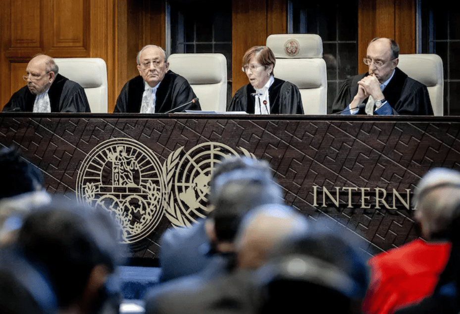 Presiding ICJ justice Joan Donoghue and her fellow judges delivering the ruling in the International Court of Justice at The Hague, January 26 2024. EPA-EFE/Remko de Waal