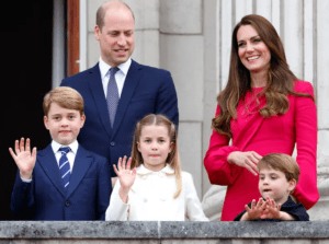 Prince George, Prince William, Princess Charlotte, Prince Louis, and Kate Middleton following the Platinum Pageant in June 2022. Credit: Getty.