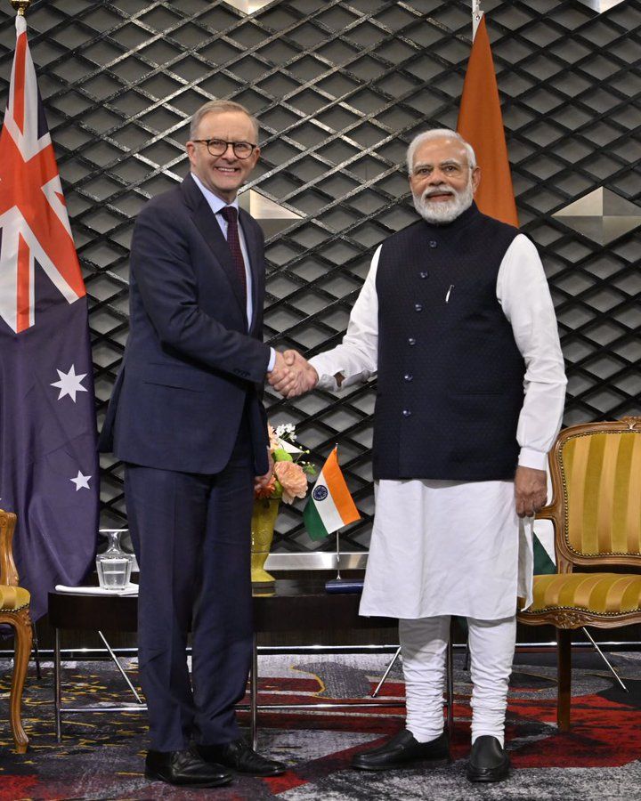 Australian prime minister Anthony Albanese with Indian prime minister Narendra Modi. Credit: Twitter/X.
