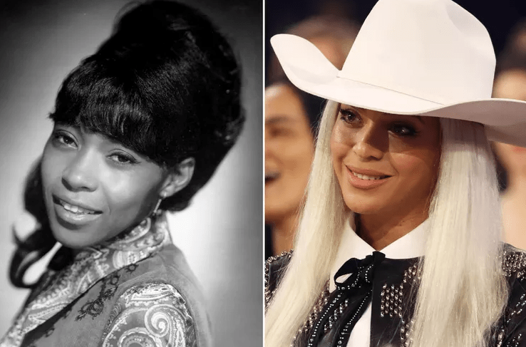 Linda Martell (left) is pictured in 1969 in Nashville, Tennessee. Beyonce (right) during the 66th GRAMMY Awards on February 04, 2024 in Los Angeles, California. Credit: Getty.