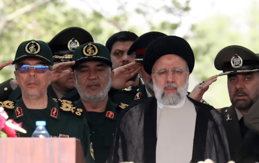 Iranian President Ebrahim Raisi, flanked by Iranian IRGC and Army generals, at the annual Army Day in Tehran this month. Abedin Taherkenareh/EPA
