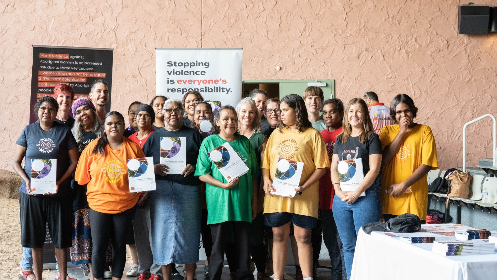 The Tangentyere Women's Family Safety Group, with community champions and partners from Larapinta Child and Family Centre, Tangentyere Learning Centre, Connected Beginnings, and The Equality Institute. Credit: The Equality Institute/Jesse Tyssen