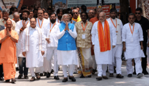 Narendra Modi (centre) after filing his election nomination papers in Varanasi on May 14. HARISH TYAGI/EPA