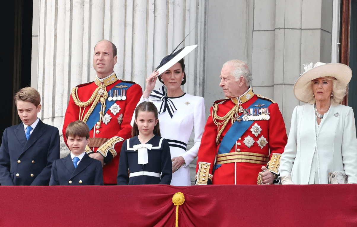 Prince George of Wales, Prince William, Prince of Wales, Prince Louis of Wales, Princess Charlotte of Wales, Catherine, Princess of Wales, King Charles III and Queen Camilla Neil Mockford/GC Images