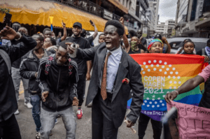 Protesters chant anti-government slogans in downtown Nairobi, on June 18, 2024. Photo by LUIS TATO/AFP via Getty Images