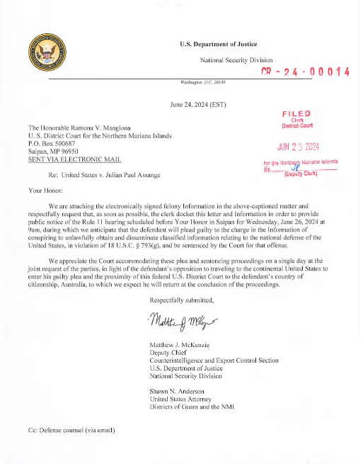 A filing from the U.S. Department of Justice to the U.S. District Court for the Northern Mariana Islands describes a plea deal regarding Wikileaks founder Julian Assange, in this image obtained by Reuters on June 24, 2024. U.S. DEPARTMENT OF JUSTICE/Handout via REUTERS 