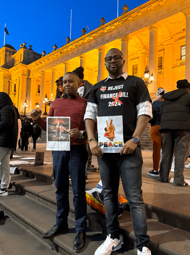 Kenyan MP hopeful Makena Mwita (right) and a friend joined protesters in Melbourne. Credit: supplied.