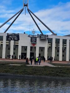 "Anti-genocide" protesters on the roof of Federal Parlaiment in Canberra on July 4. Credit: supplied.