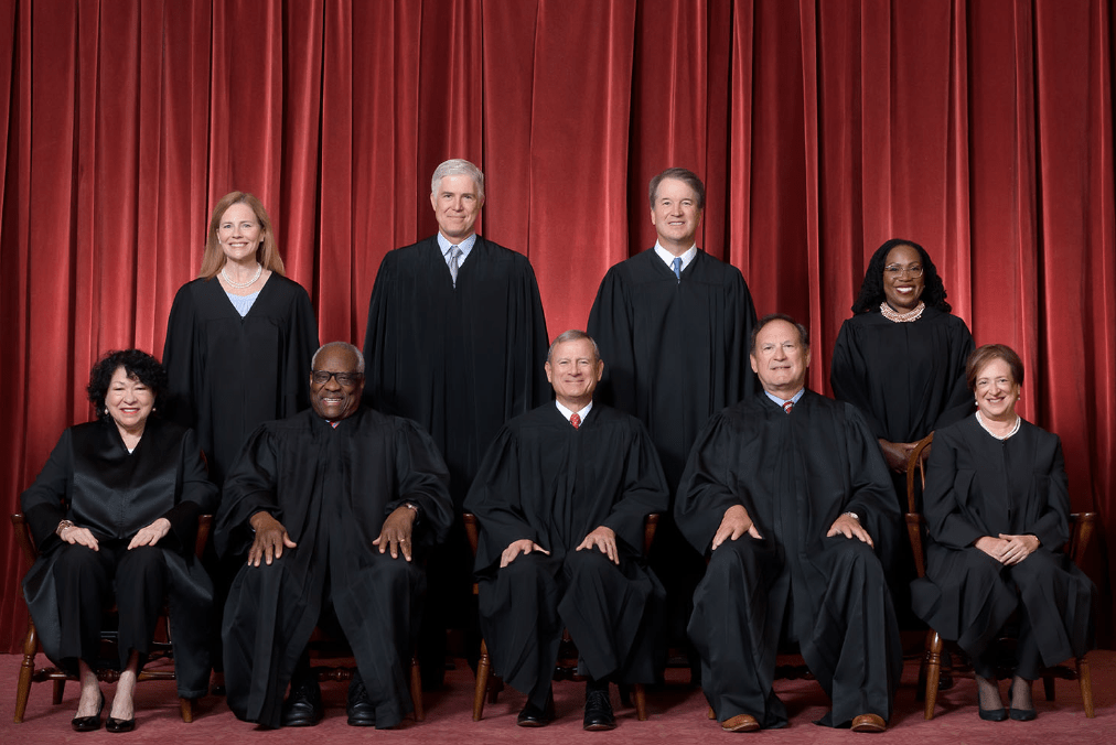 The Supreme Court as composed June 30, 2022 to present. Front row, left to right: Associate Justice Sonia Sotomayor, Associate Justice Clarence Thomas, Chief Justice John G. Roberts, Jr., Associate Justice Samuel A. Alito, Jr., and Associate Justice Elena Kagan. Back row, left to right: Associate Justice Amy Coney Barrett, Associate Justice Neil M. Gorsuch, Associate Justice Brett M. Kavanaugh, and Associate Justice Ketanji Brown Jackson. Credit: Fred Schilling, Collection of the Supreme Court of the United States