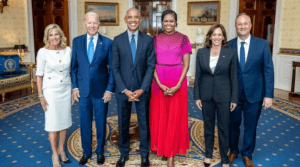 President Joe Biden and First Lady Jill Biden pose for a photo with former President Barack Obama, former First Lady Michelle Obama, Vice President Kamala Harris and Second Gentleman Doug Emhoff before the official White House portrait unveiling for the Obamas, Wednesday, September 7, 2022, in the Blue Room of the White House. (Official White House Photo by Adam Schultz)