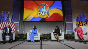 Former President Trump, left, moderated by from left, ABC’s Rachel Scott, Semafor’s Nadia Goba and Fox News’s Harris Faulkner, speaks at the National Association of Black Journalists (NABJ) convention, July 31, 2024, in Chicago. Credit: AP