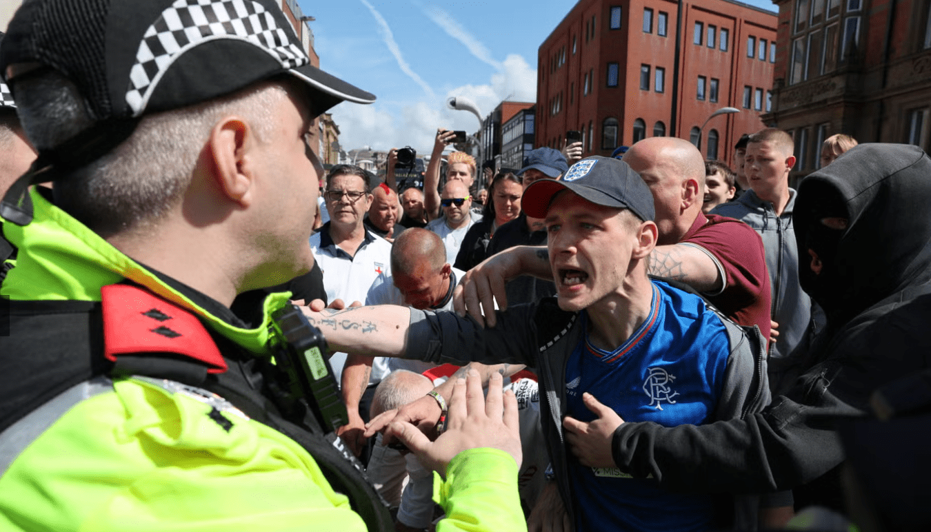 People demonstrate in Blackpool, following the stabbing attacks on Monday in Southport. Credit: PA Wire