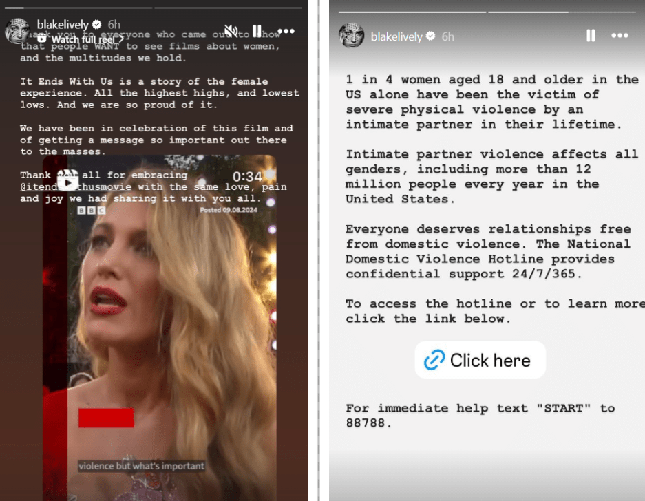 Lively shared two posts to her Instagram story amid the criticism. Credit: Instagram