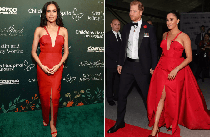 Markle first wore the designer gown in 2021 (right). Credit: Getty