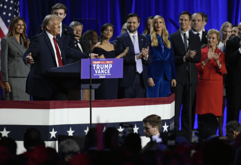 Republican presidential nominee former President Donald Trump speaks at an election night watch party, Wednesday, Nov. 6, 2024, in West Palm Beach, Fla. Credit: AP