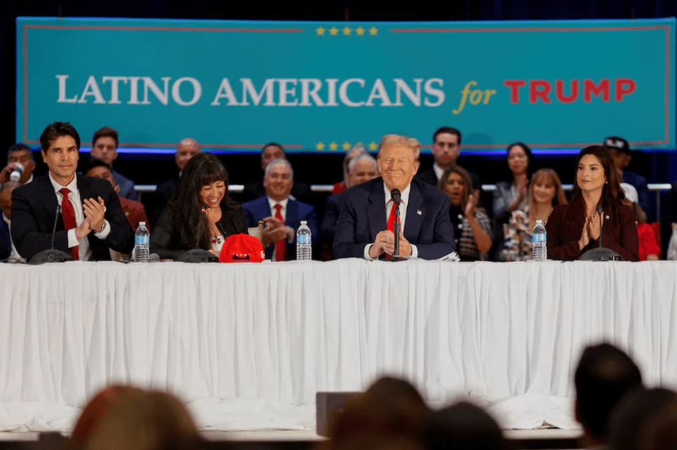 Then-Republican presidential candidate and former U.S. President Donald Trump reacts during a roundtable discussion with Latino community leaders in Doral, Florida, U.S. October 22, 2024. Credit: REUTERS/Marco Bello