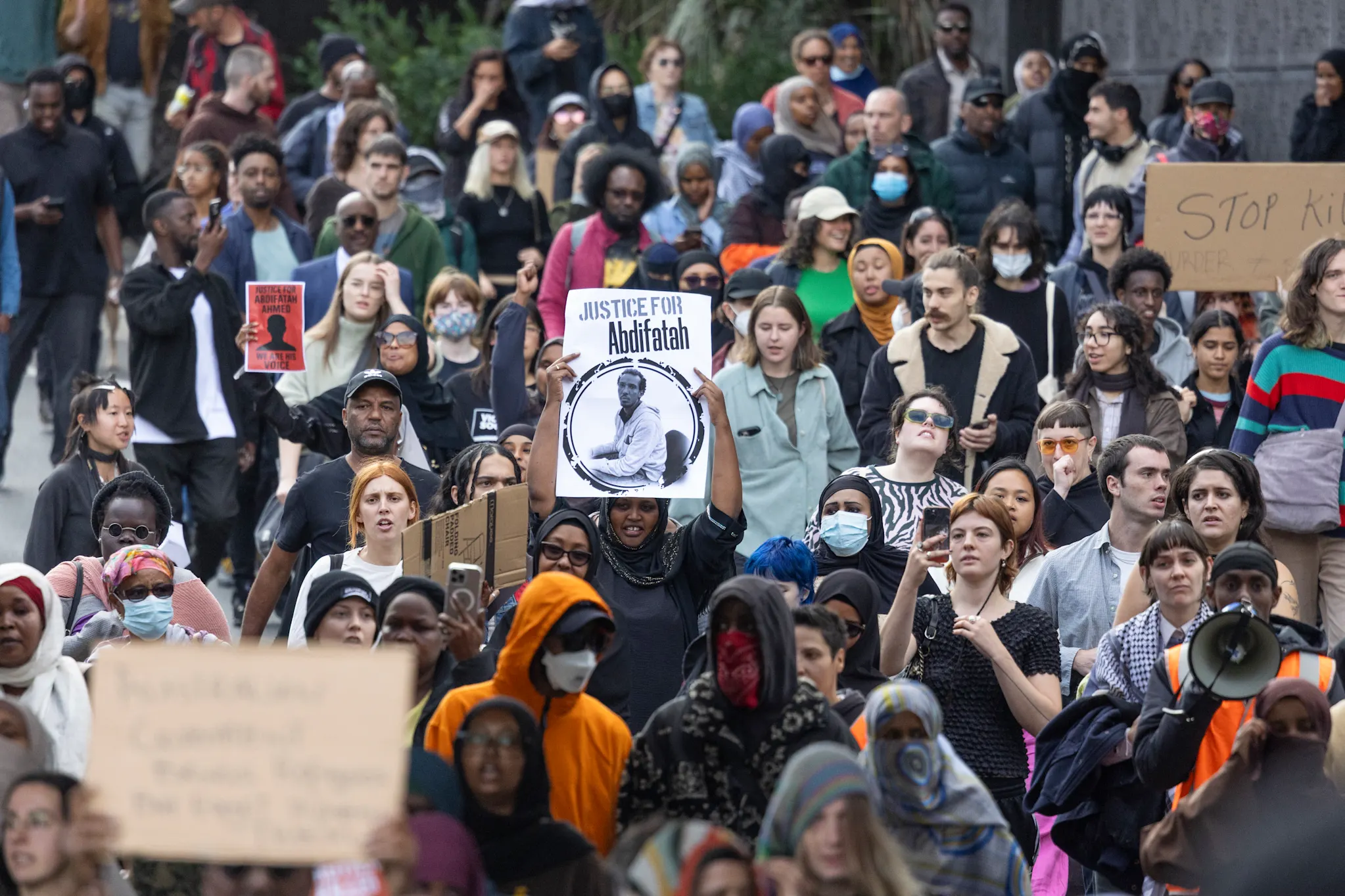 Chants of “no justice, no peace” and “compassion not bullets” echoed through the Footscray CBD as the crowd marched to the local police station, calling for systemic reform, greater mental health support, and an independent inquiry into the fatal shooting. Credit: Nine