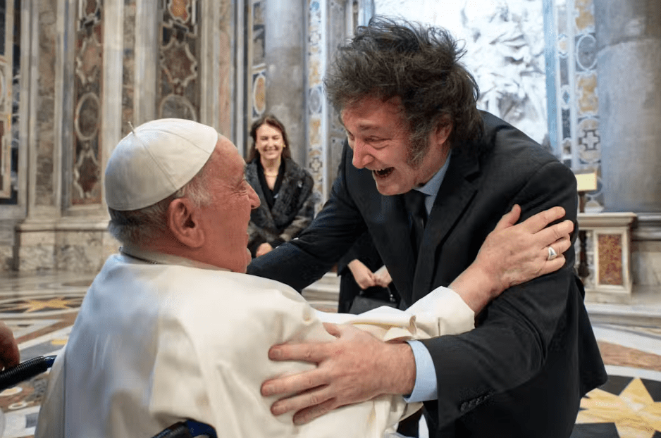 Pope Francis meets Argentina’s President Javier Milei in St. Peter’s Basilica, February 2024. Credit: EPA/Vatican Media Handout