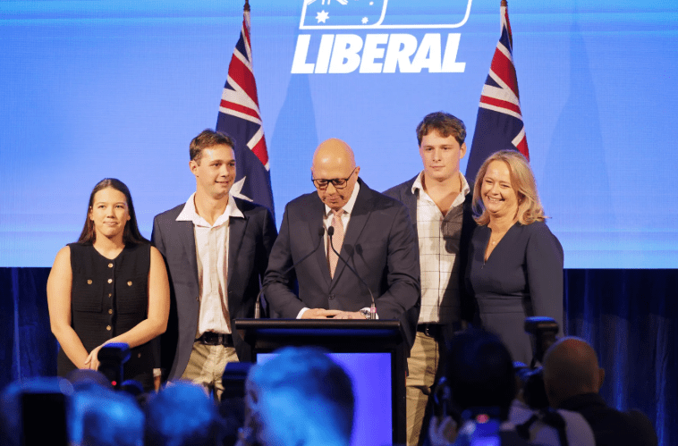 Liberal leader Peter Dutton delivers his concession speech alongside his wife and children. Credit: Ian Waldie/Bloomberg